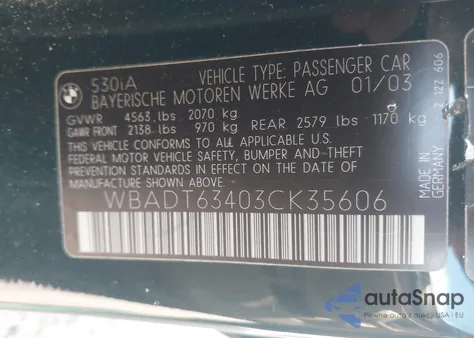 2003 BMW 530Ia z USA, uszkodzony, nr VIN WBADT63403CK35606